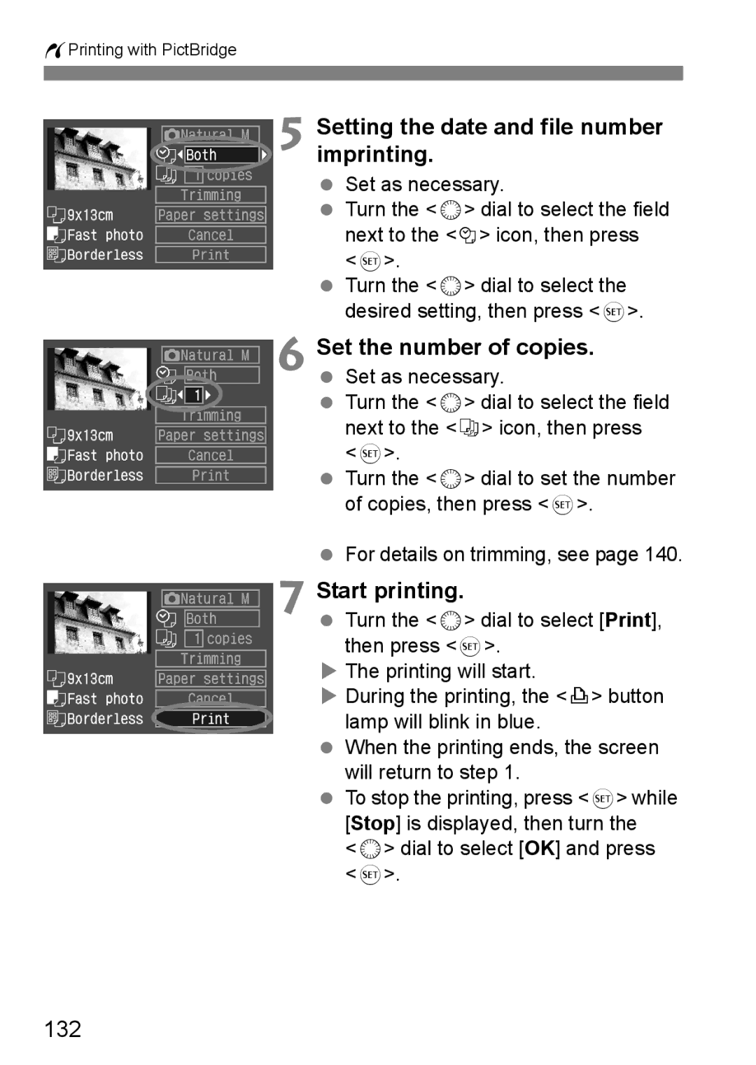 Canon EOS 5D instruction manual Setting the date and file number imprinting, Set the number of copies, Start printing, 132 