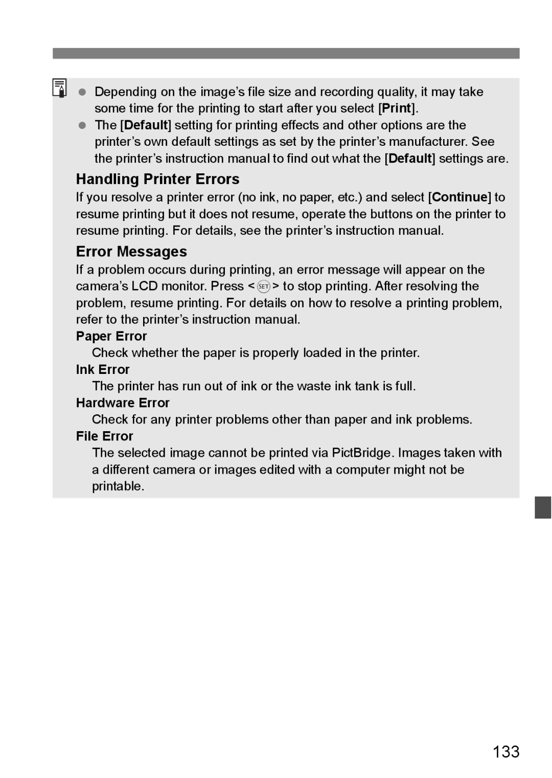 Canon EOS 5D instruction manual 133, Handling Printer Errors Error Messages 