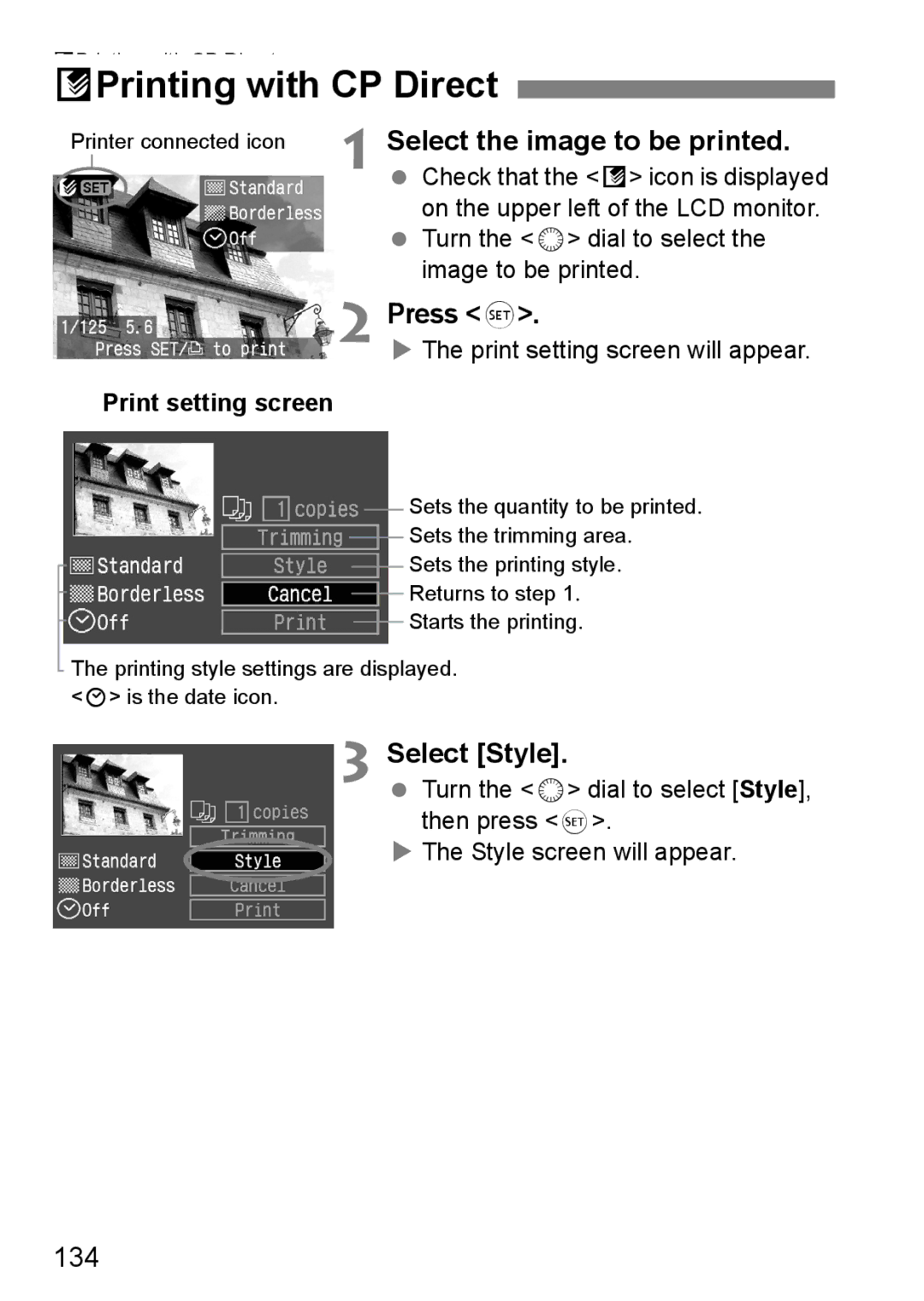 Canon EOS 5D instruction manual APrinting with CP Direct, Select Style, 134 