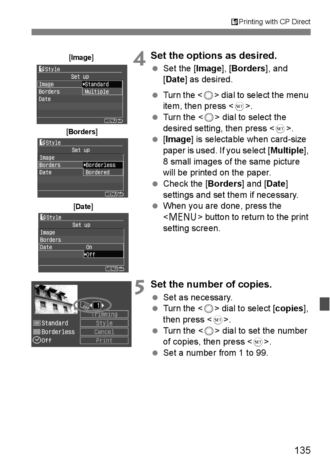 Canon EOS 5D instruction manual Set the options as desired, 135, Image Borders Date 