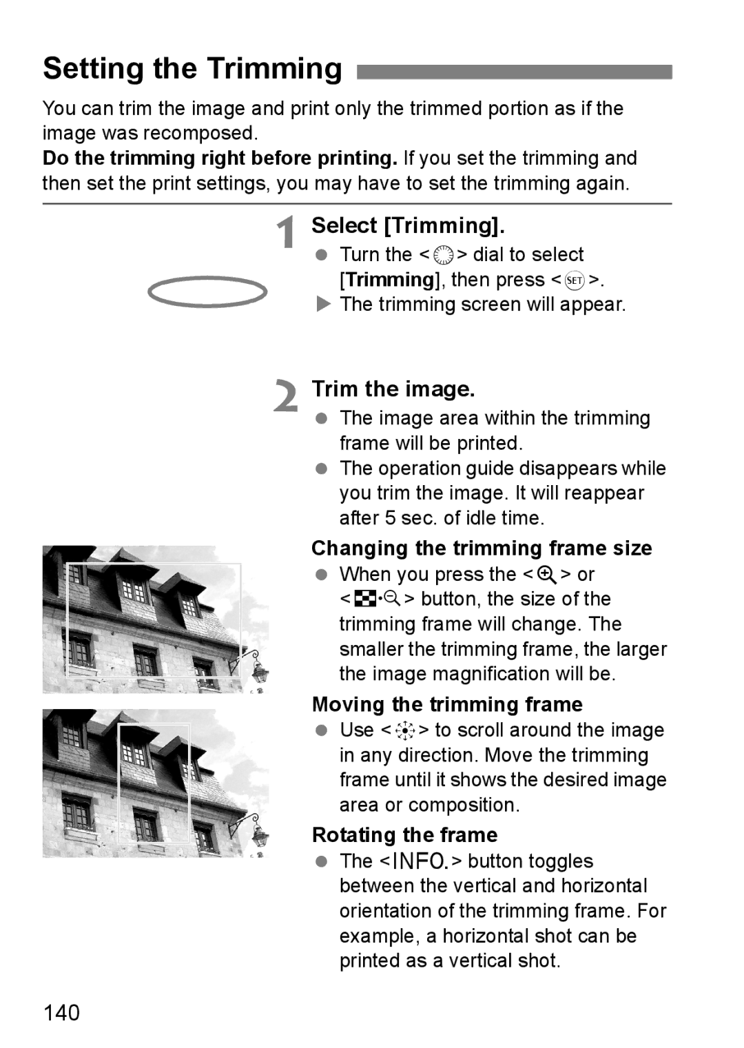 Canon EOS 5D instruction manual Setting the Trimming, Select Trimming, Trim the image, 140 