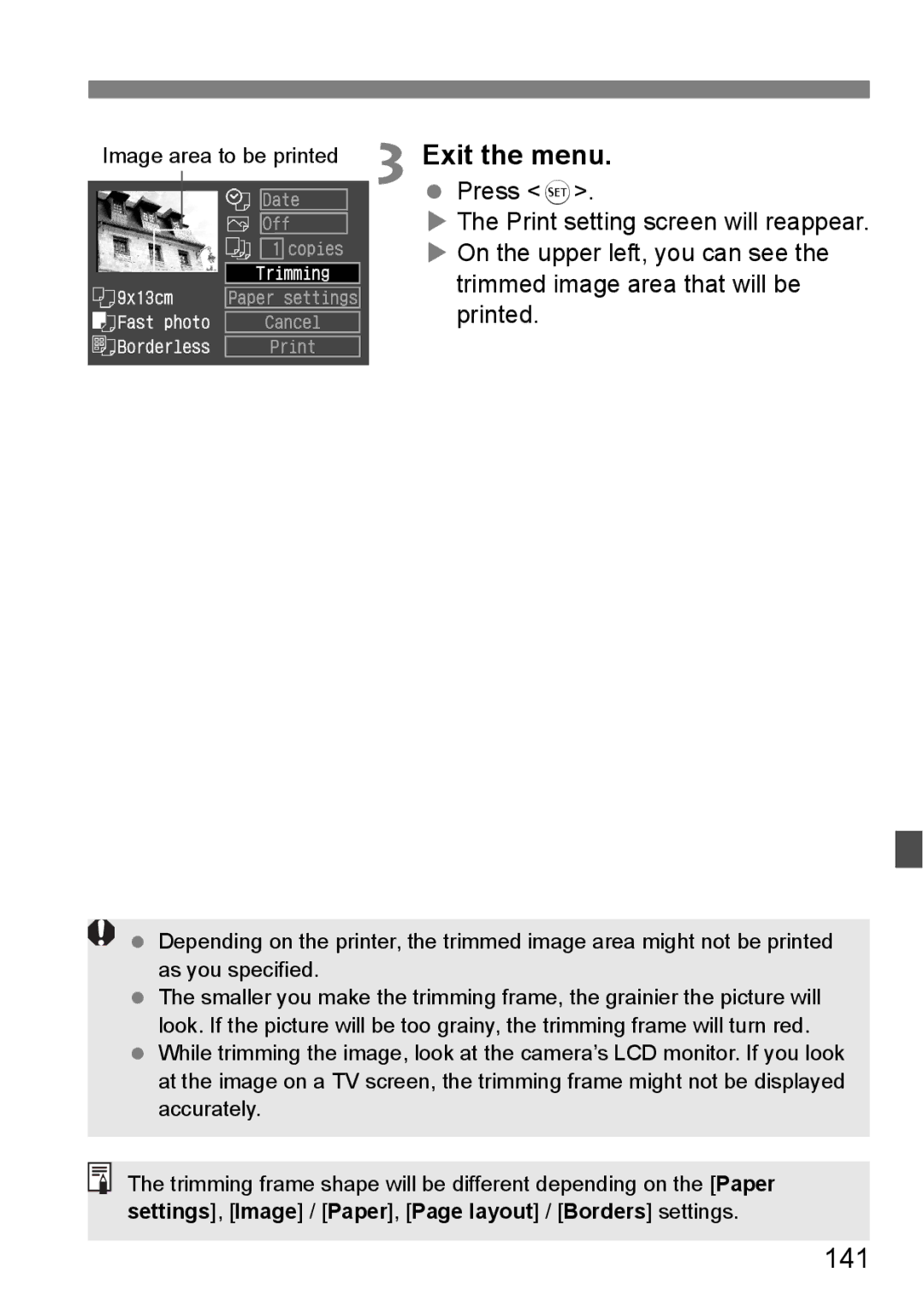 Canon EOS 5D instruction manual 141, Press, On the upper left, you can see, Trimmed image area that will be, Printed 