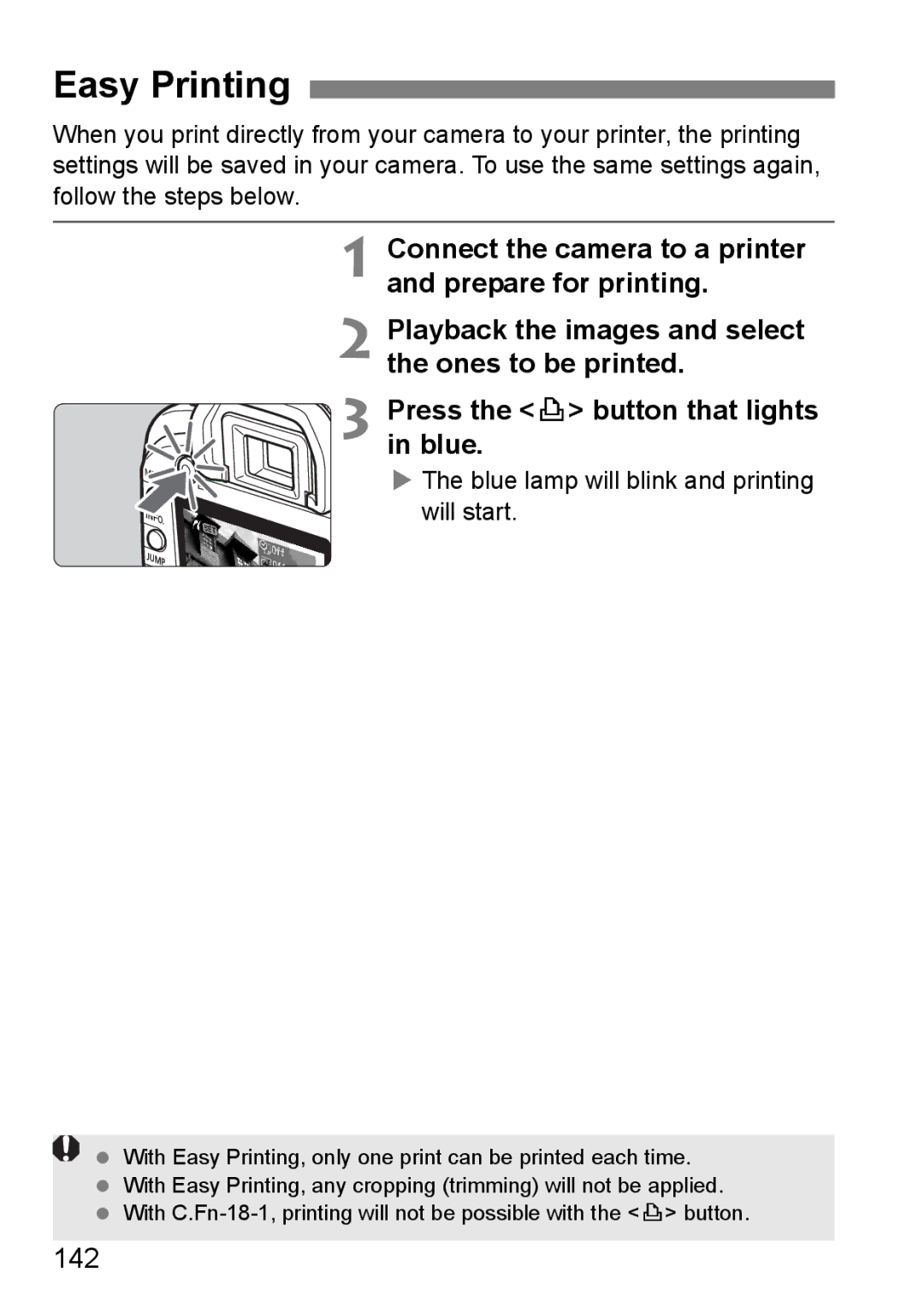 Canon EOS 5D instruction manual Easy Printing, 142, Blue lamp will blink and printing will start 