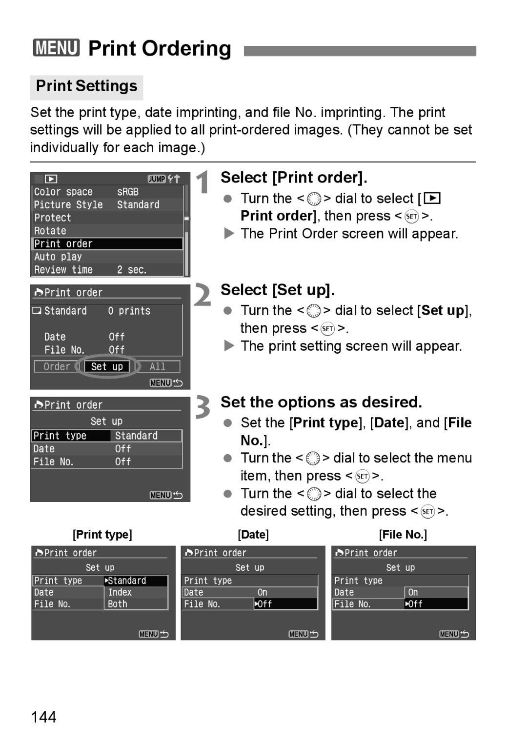 Canon EOS 5D instruction manual 3Print Ordering, Print Settings, Select Print order, Select Set up, 144 