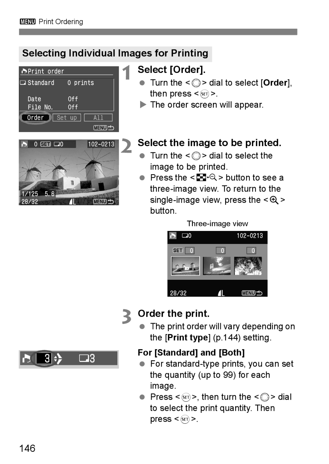 Canon EOS 5D Selecting Individual Images for Printing Select Order, Order the print, 146, For Standard and Both 