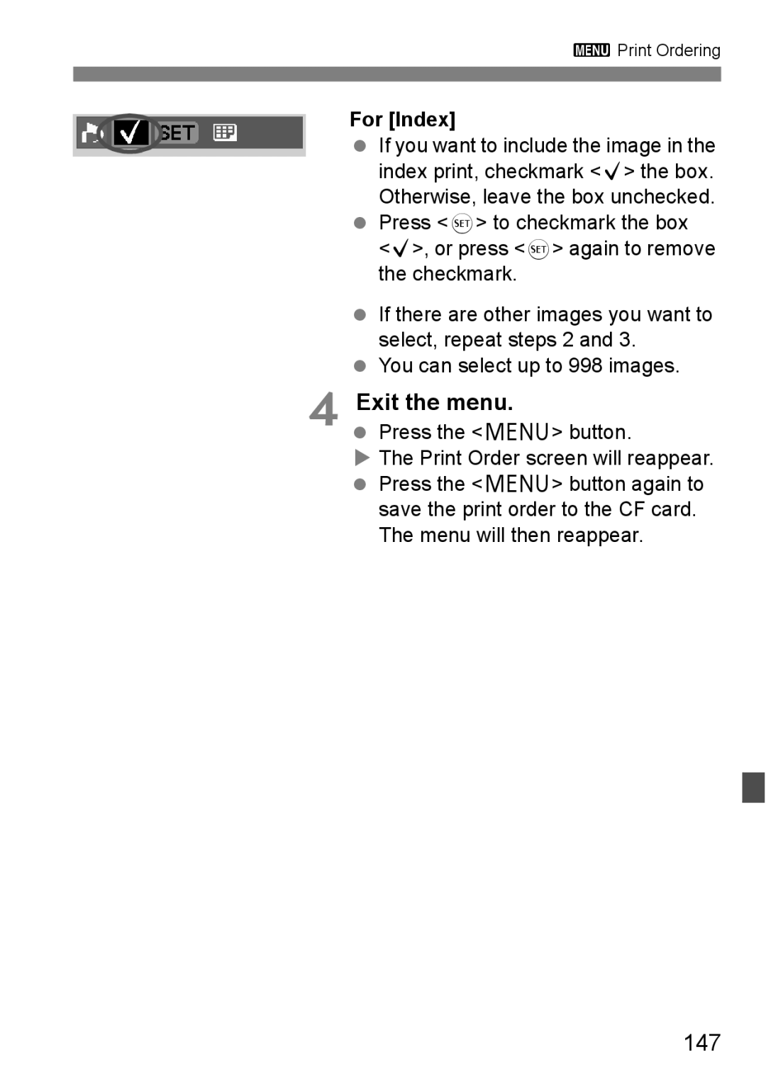 Canon EOS 5D instruction manual 147, For Index, Menu will then reappear 