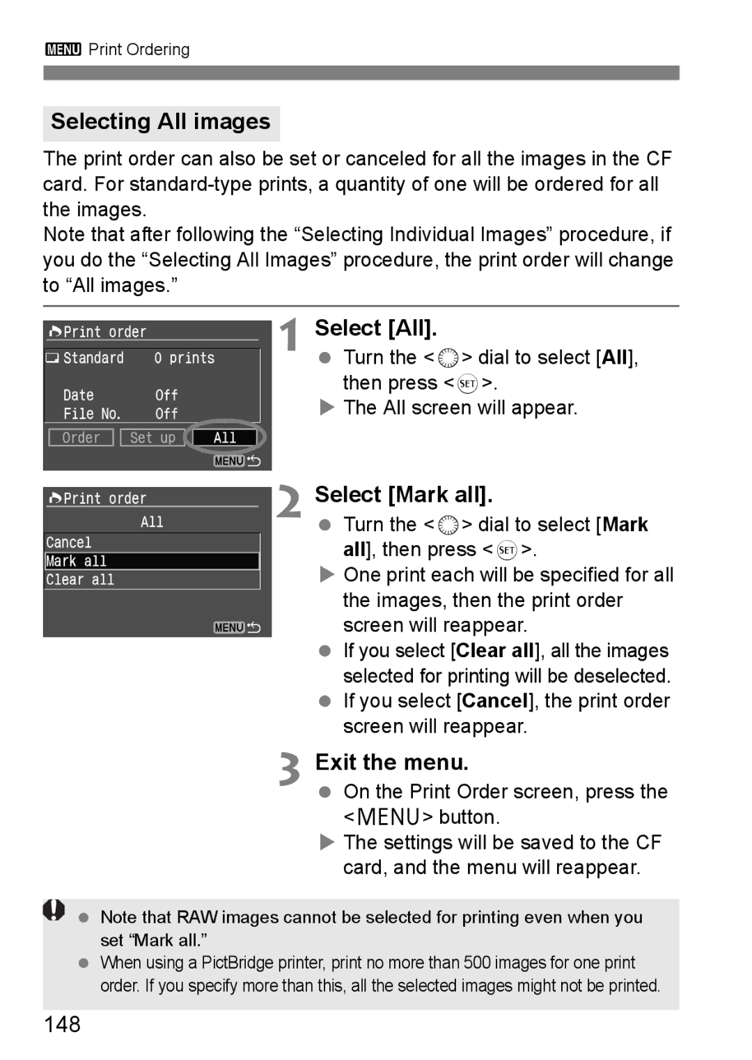 Canon EOS 5D instruction manual Selecting All images, Select Mark all, 148 