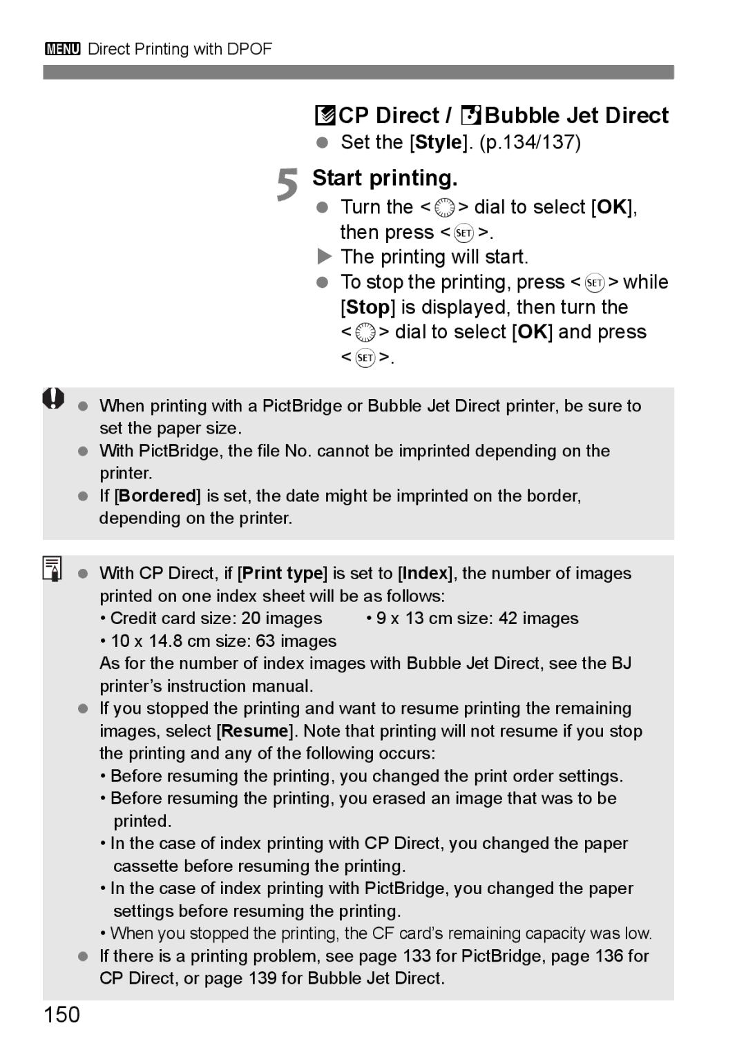 Canon EOS 5D instruction manual ACP Direct / SBubble Jet Direct, 150, Set the Style. p.134/137 