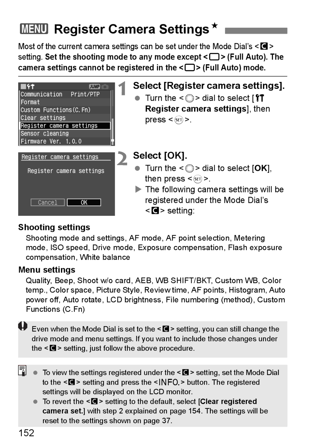 Canon EOS 5D instruction manual 3Register Camera SettingsN, Select Register camera settings, 152, Menu settings 