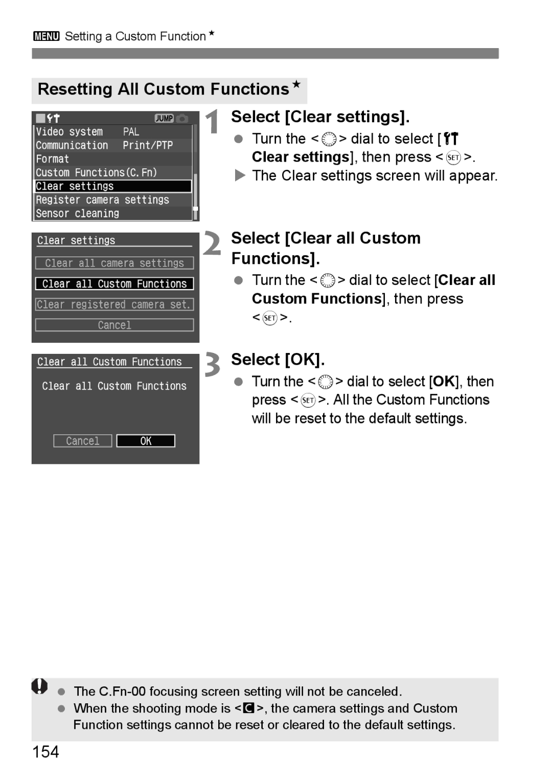 Canon EOS 5D Resetting All Custom FunctionsN Select Clear settings, Select Clear all Custom Functions, 154 