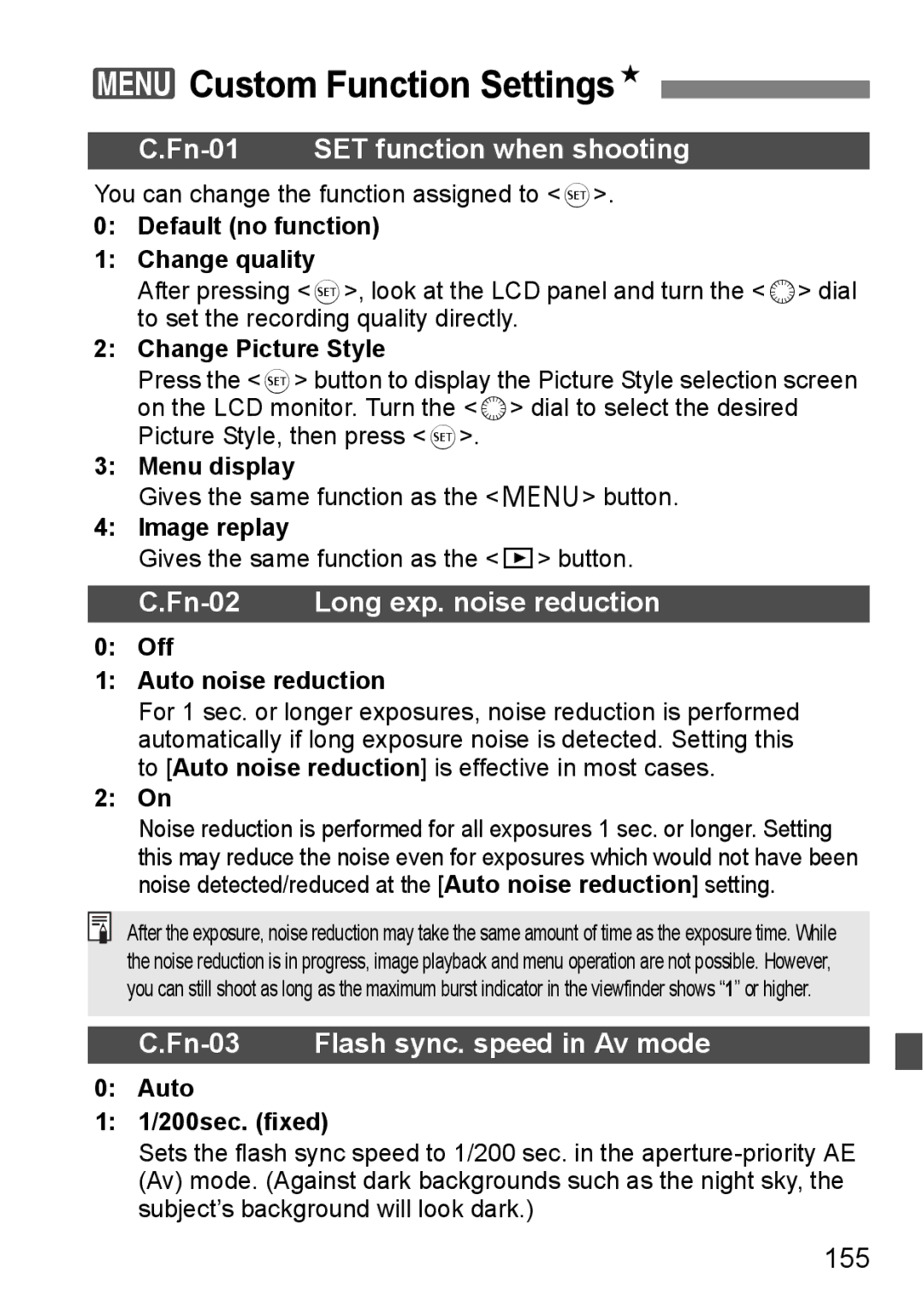 Canon EOS 5D instruction manual 3Custom Function SettingsN, 155 