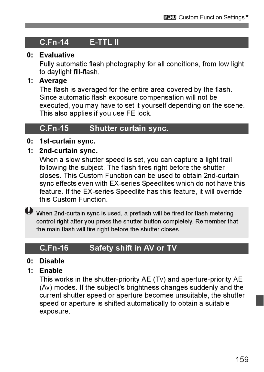 Canon EOS 5D instruction manual 159, Evaluative, Average, 1st-curtain sync 2nd-curtain sync 