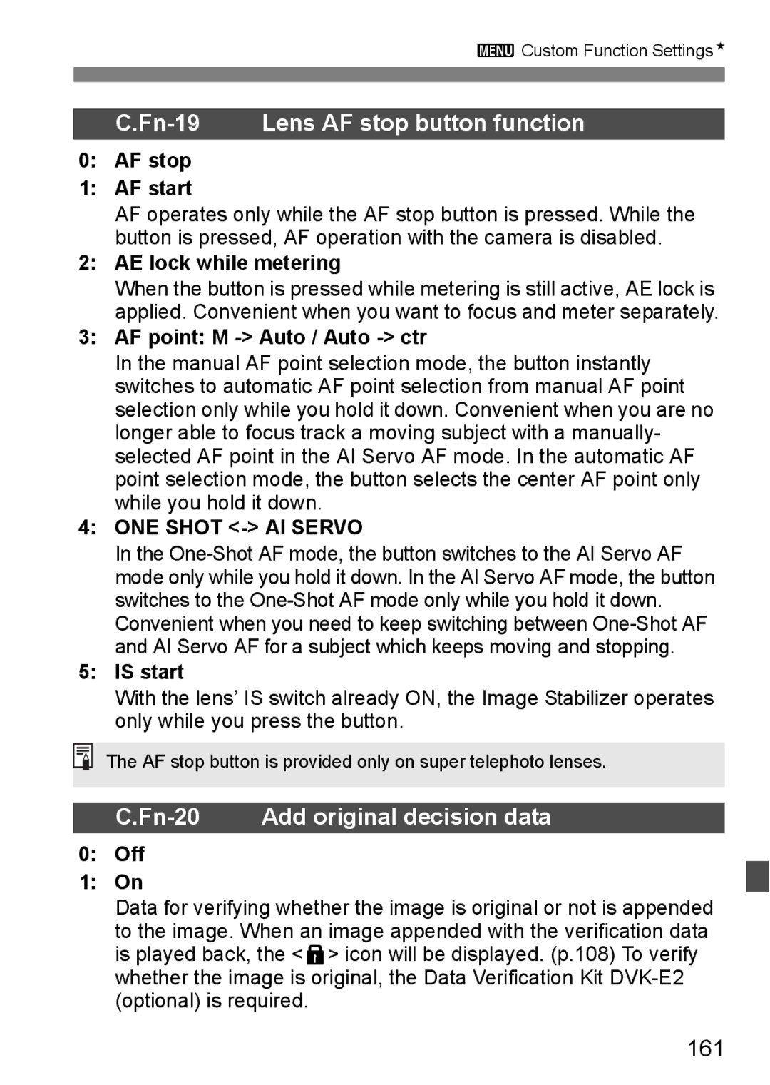 Canon EOS 5D instruction manual 161, AF stop AF start, AE lock while metering, AF point M Auto / Auto ctr, Is start 