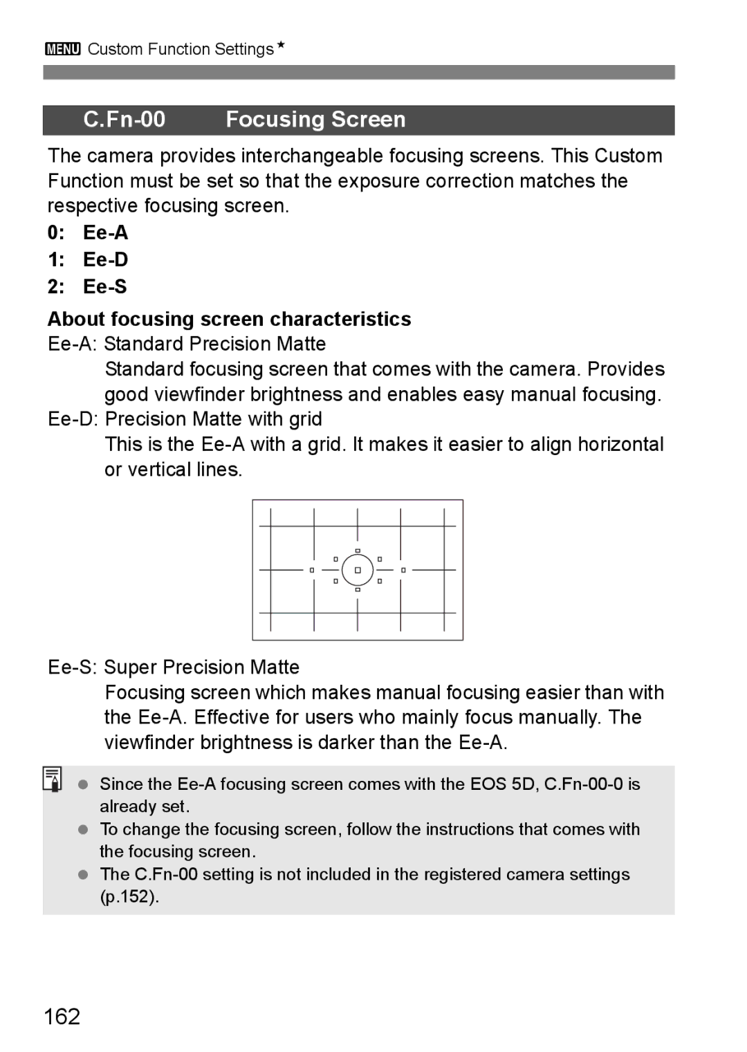 Canon EOS 5D instruction manual 162, Ee-A Ee-D Ee-S About focusing screen characteristics, Ee-A Standard Precision Matte 