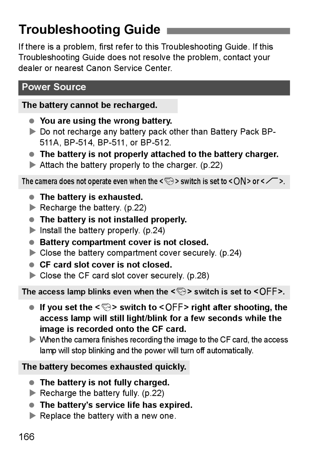 Canon EOS 5D instruction manual Troubleshooting Guide, 166 