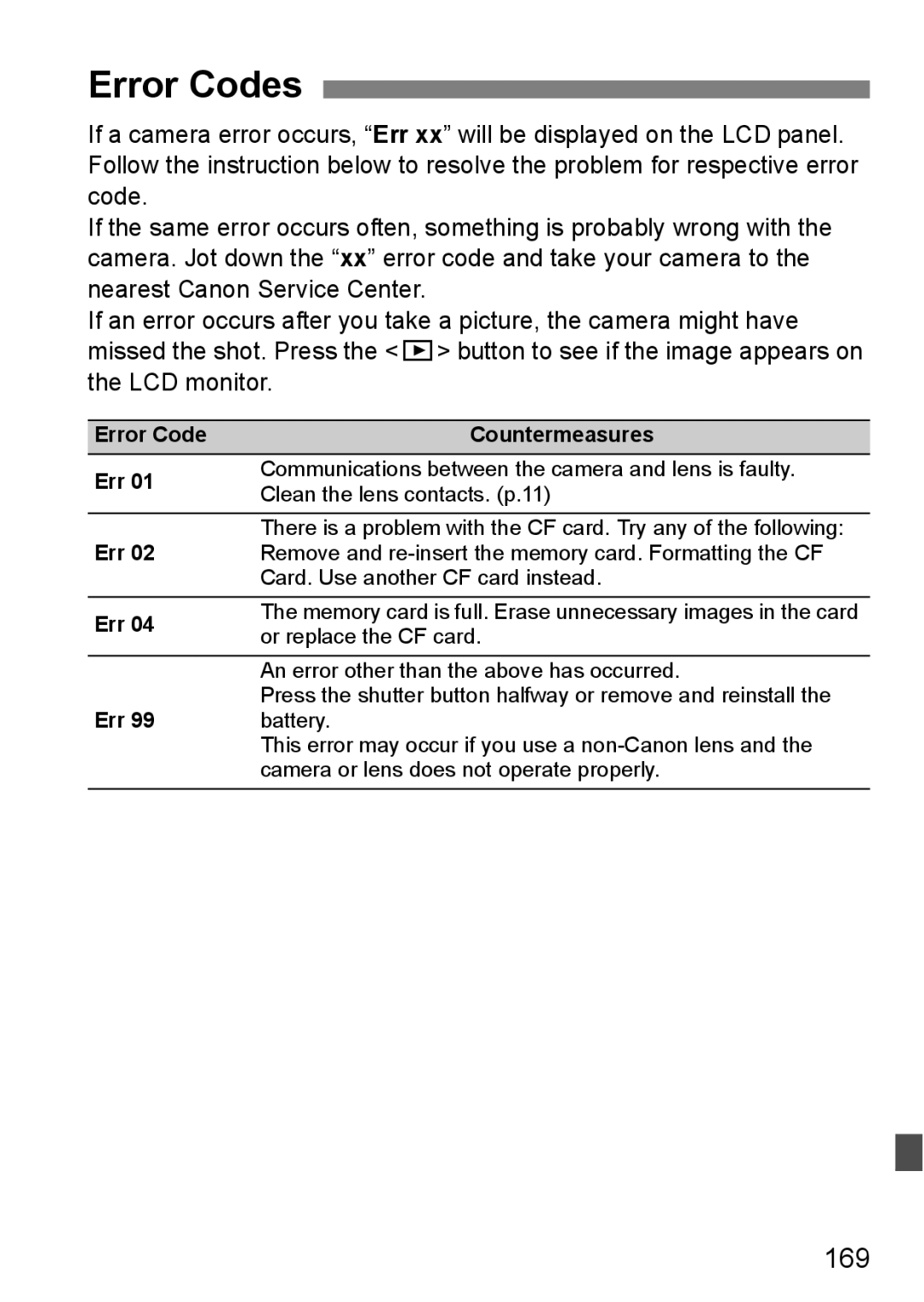 Canon EOS 5D instruction manual Error Codes, 169, Error Code Countermeasures 