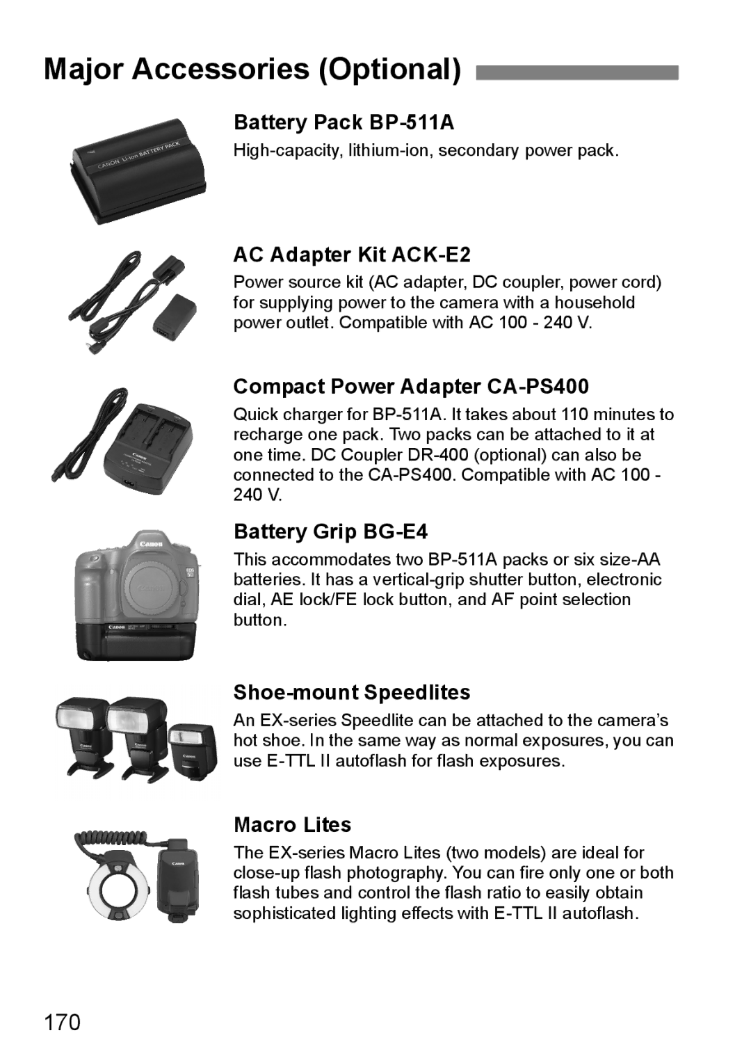 Canon EOS 5D instruction manual Major Accessories Optional, 170 