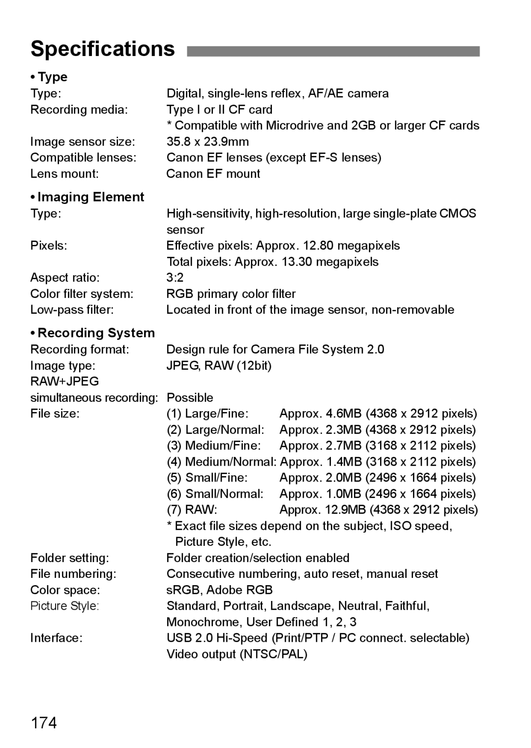 Canon EOS 5D instruction manual Specifications, 174 