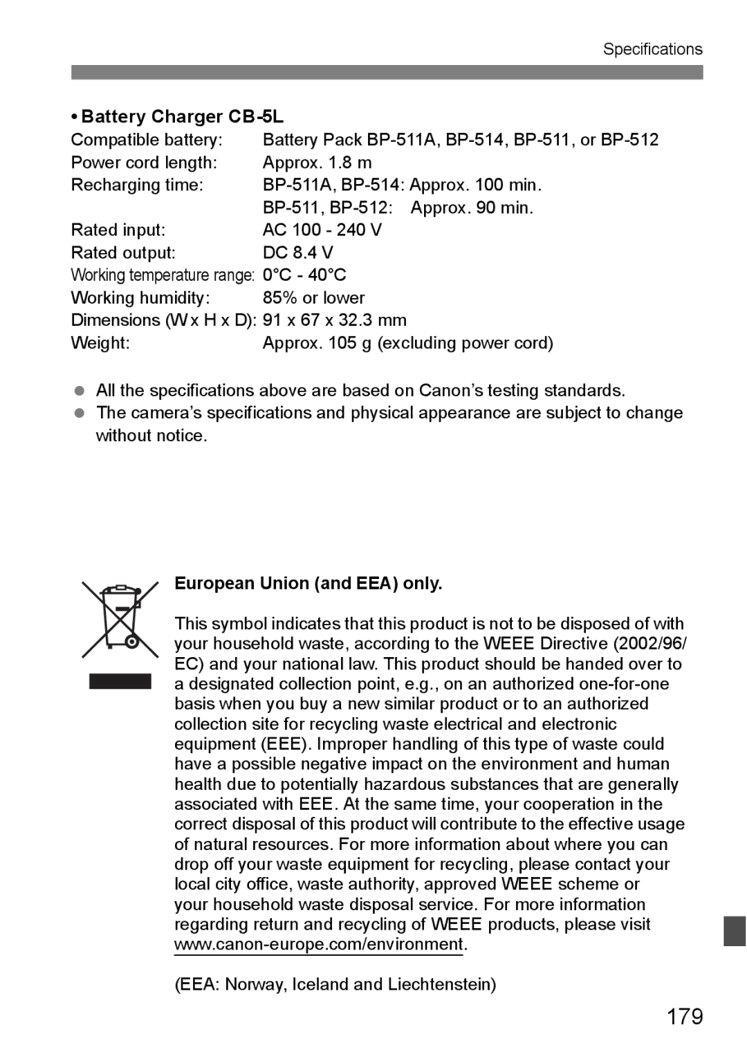 Canon EOS 5D instruction manual 179, European Union and EEA only 