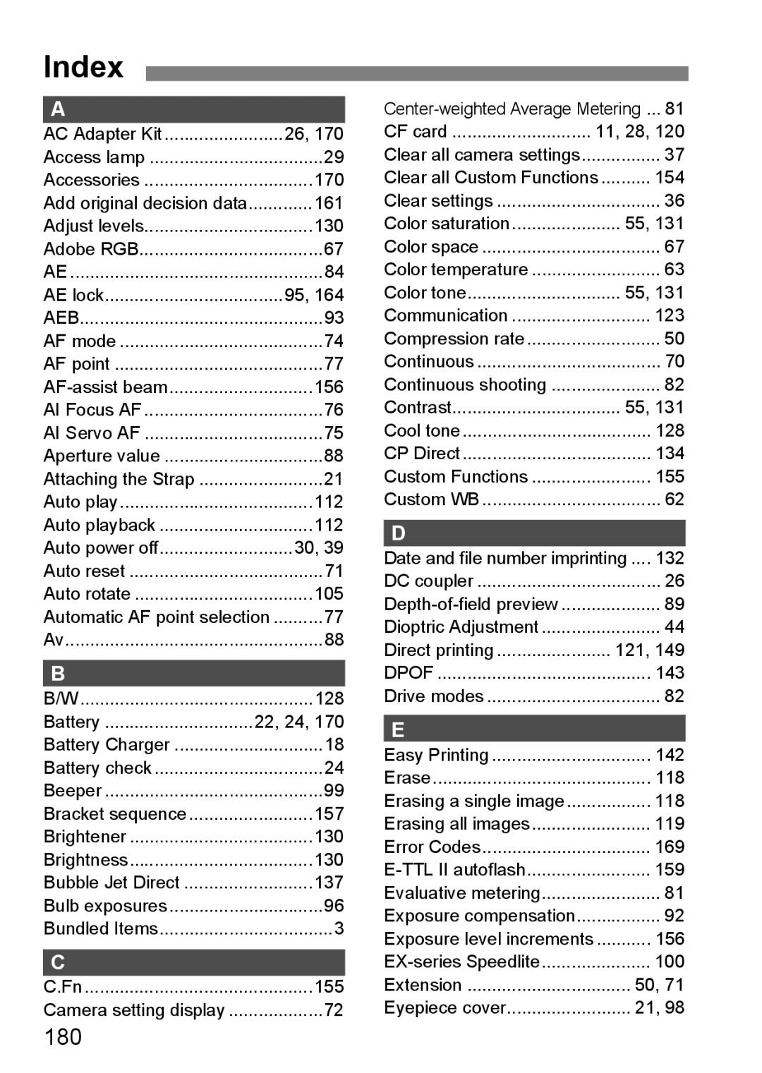 Canon EOS 5D instruction manual Index, 180 