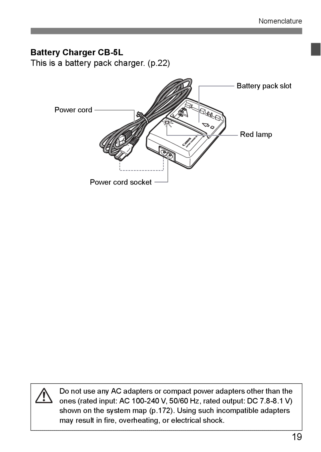 Canon EOS 5D instruction manual Battery Charger CB-5L, Power cord Power cord socket Battery pack slot Red lamp 