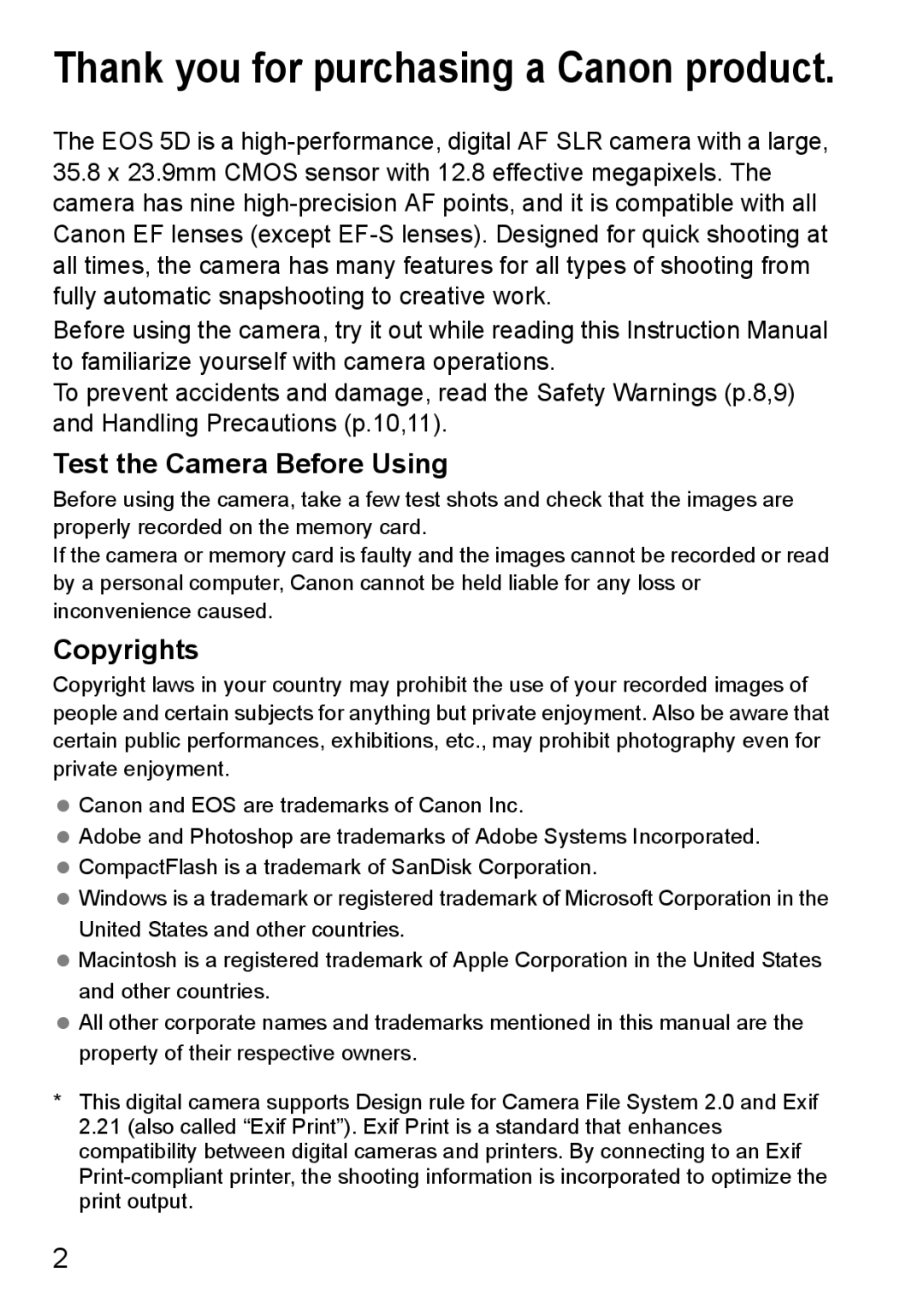 Canon EOS 5D instruction manual Test the Camera Before Using, Copyrights 