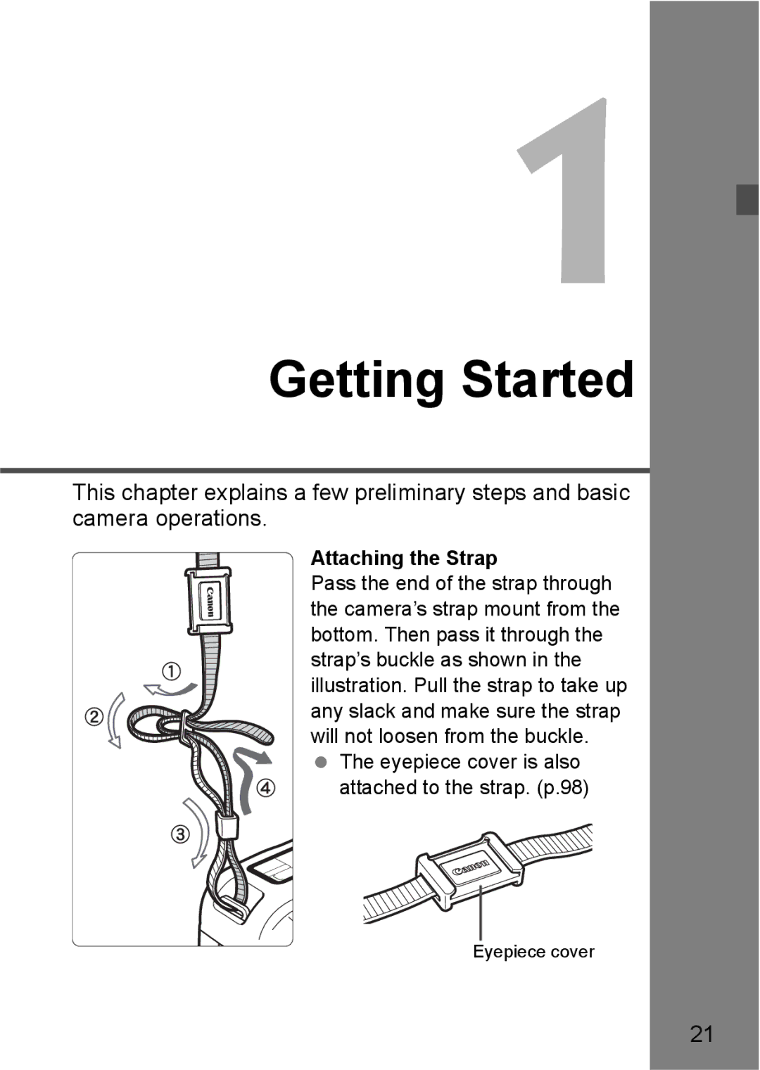 Canon EOS 5D instruction manual Getting Started, Attaching the Strap 