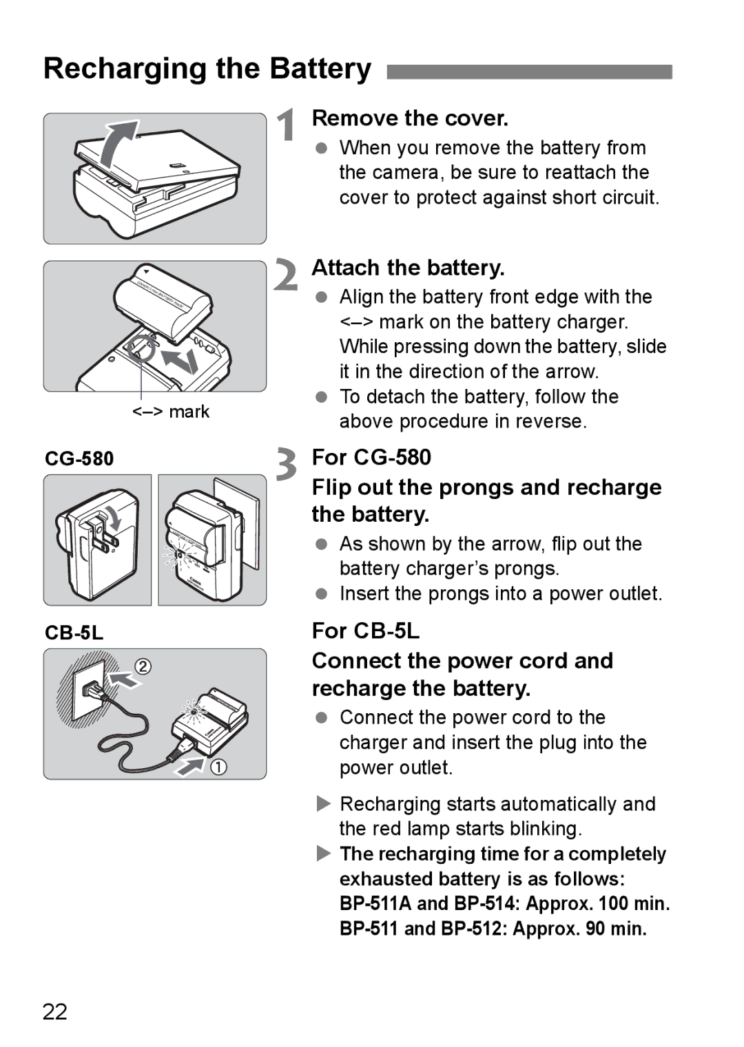 Canon EOS 5D instruction manual Recharging the Battery 