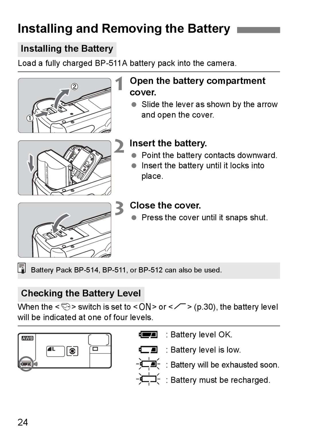 Canon EOS 5D instruction manual Installing and Removing the Battery 