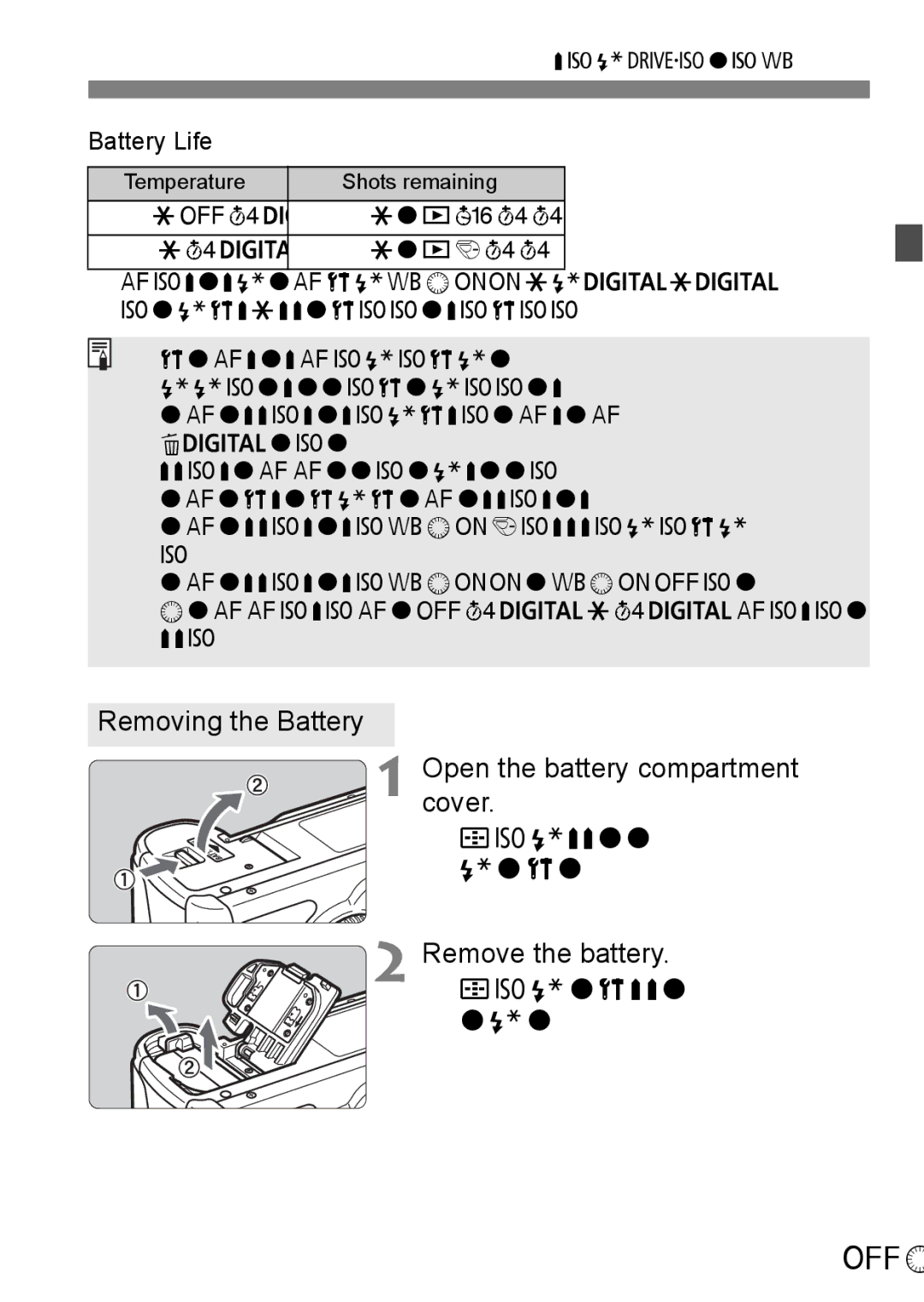 Canon EOS 5D instruction manual Removing the Battery Open the battery compartment cover, Remove the battery, Battery Life 