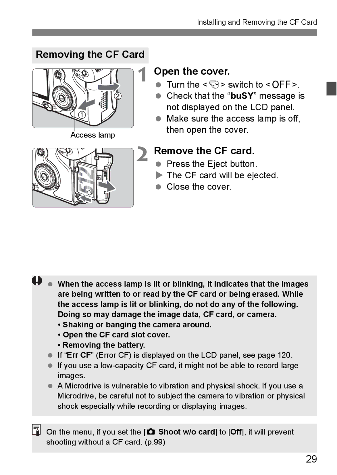 Canon EOS 5D instruction manual Removing the CF Card 