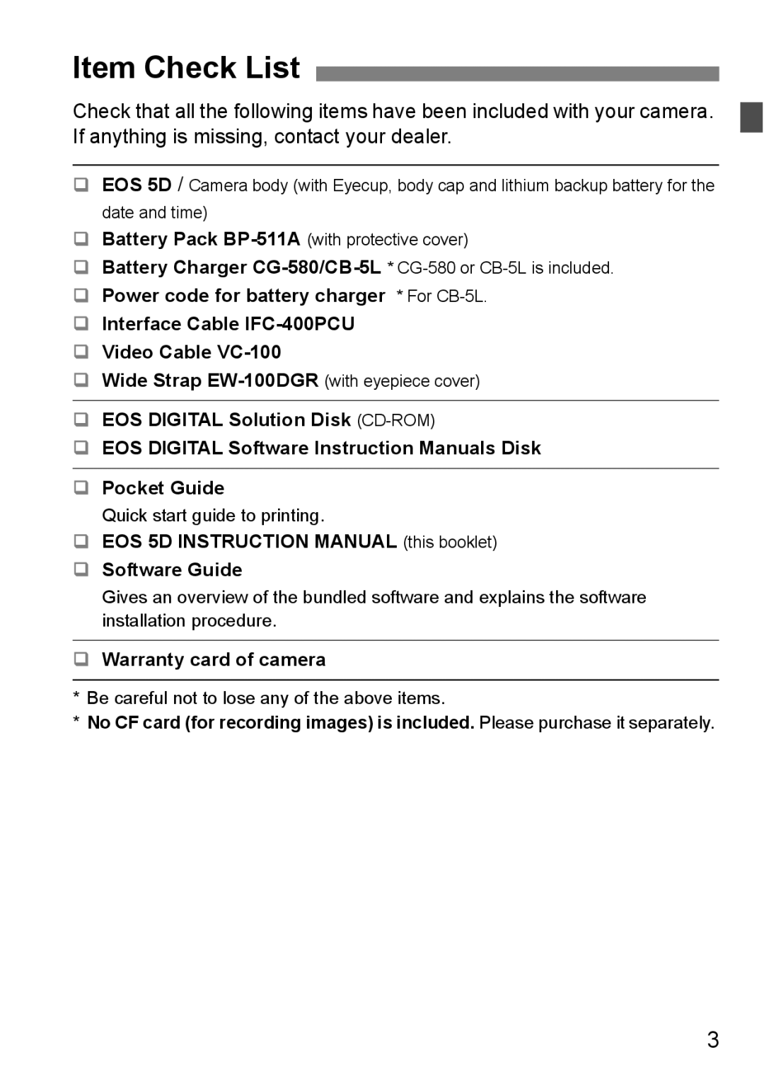 Canon EOS 5D instruction manual Item Check List, ‰ Software Guide 