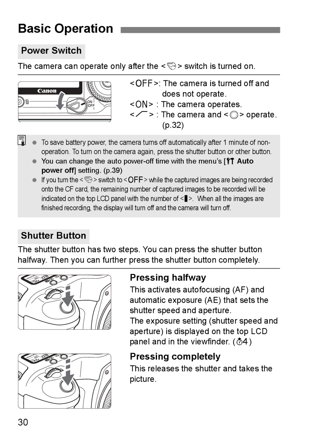 Canon EOS 5D instruction manual Basic Operation, Power Switch, Shutter Button, Pressing halfway, Pressing completely 