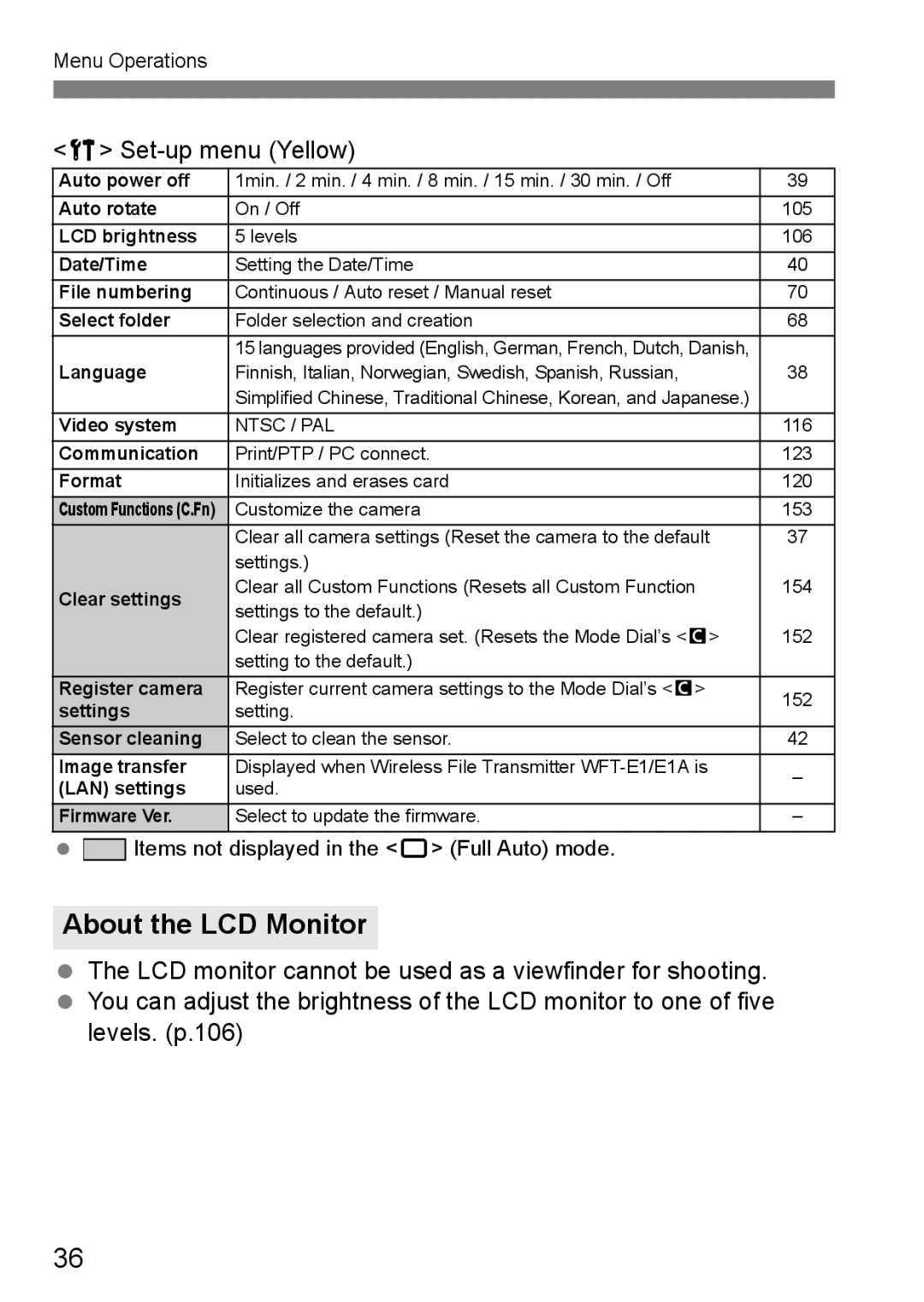 Canon EOS 5D instruction manual About the LCD Monitor, Set-up menu Yellow 