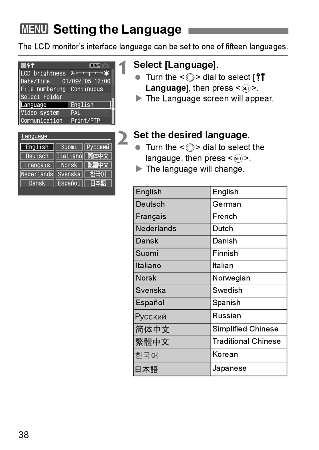 Canon EOS 5D instruction manual 3Setting the Language, Select Language, Set the desired language 