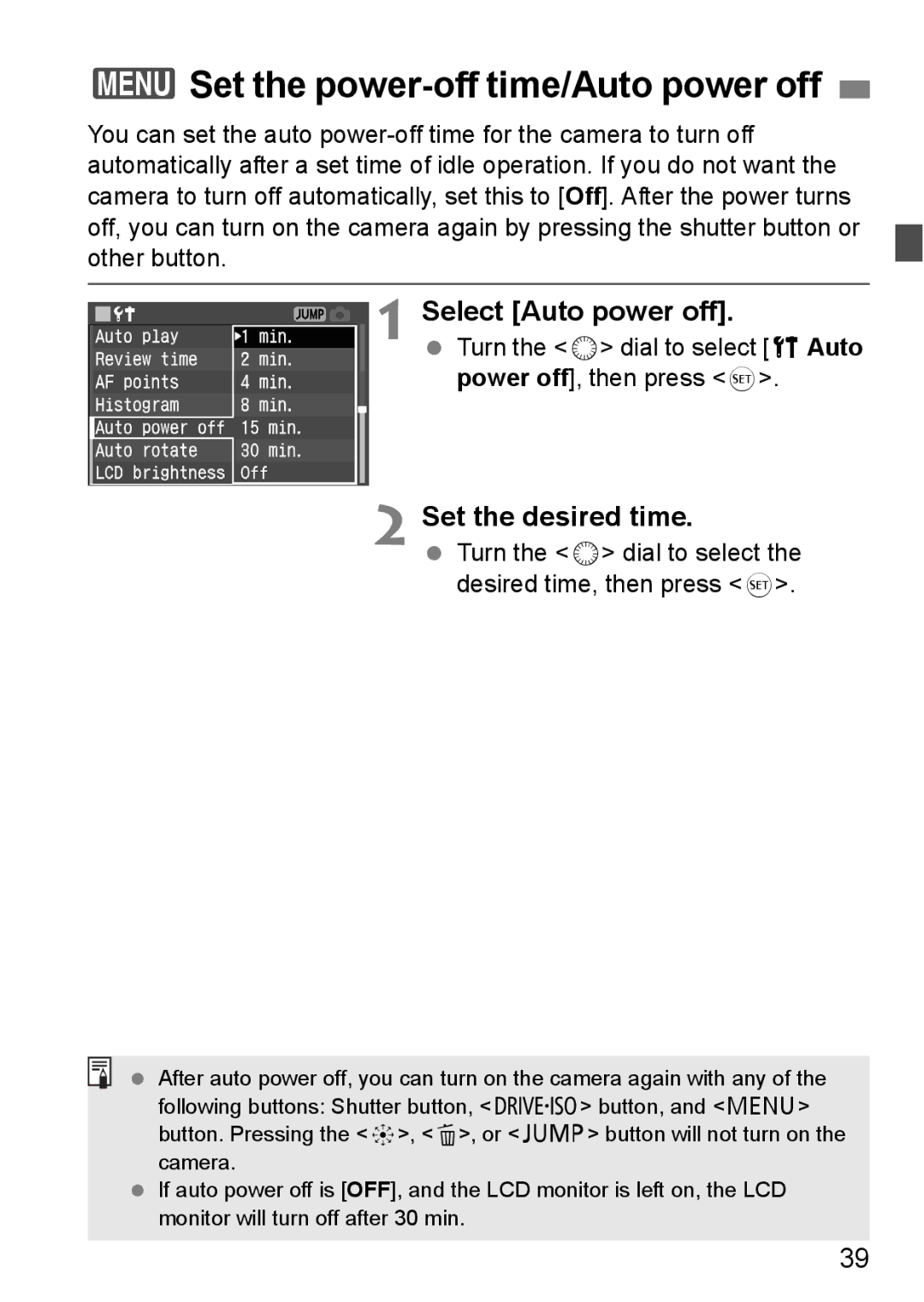 Canon EOS 5D instruction manual 3Set the power-off time/Auto power off, Select Auto power off, Set the desired time 