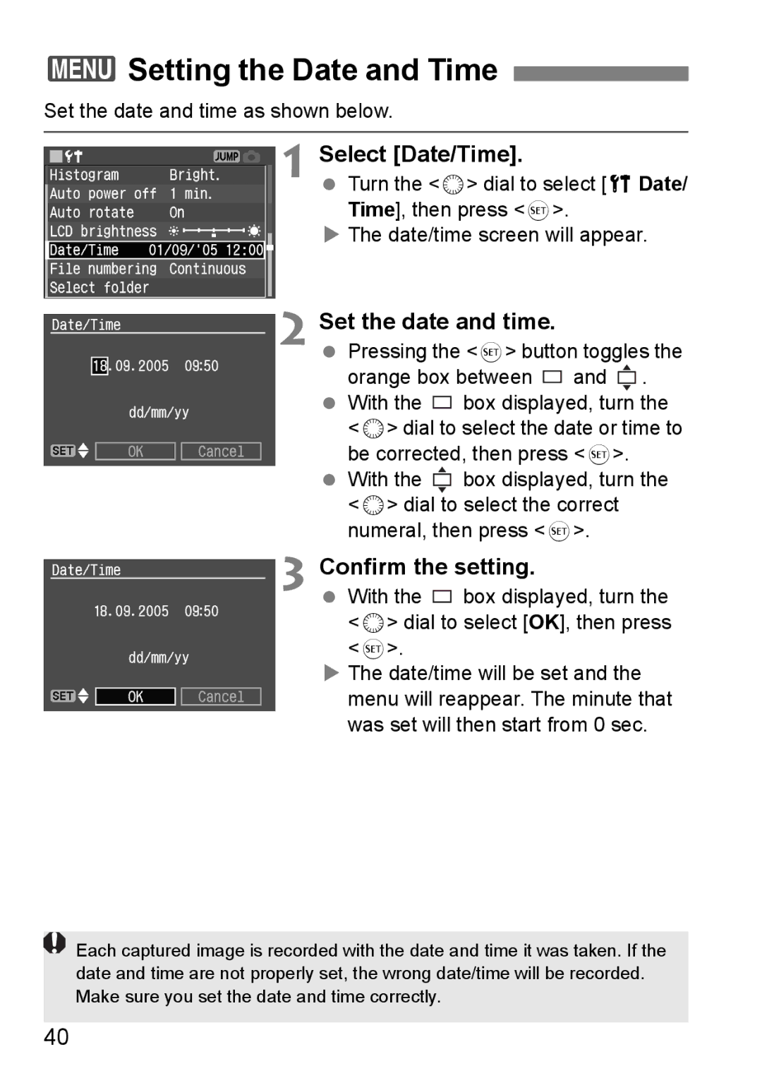 Canon EOS 5D instruction manual 3Setting the Date and Time, Select Date/Time, Set the date and time, Confirm the setting 