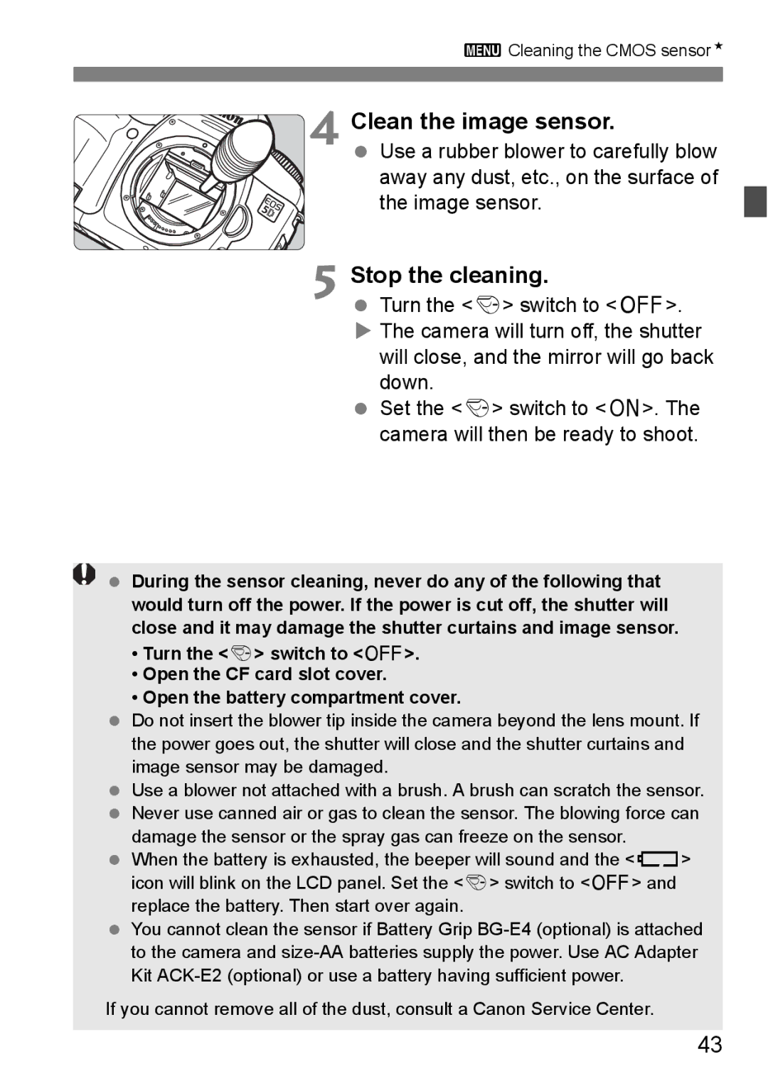 Canon EOS 5D instruction manual Clean the image sensor, Stop the cleaning 