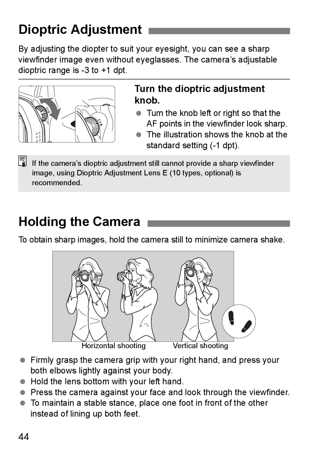 Canon EOS 5D instruction manual Dioptric Adjustment, Holding the Camera, Turn the dioptric adjustment knob 