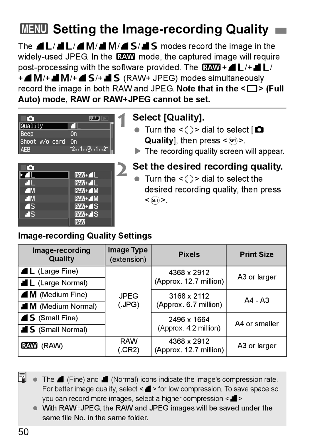 Canon EOS 5D instruction manual 3Setting the Image-recording Quality, Select Quality, Set the desired recording quality 