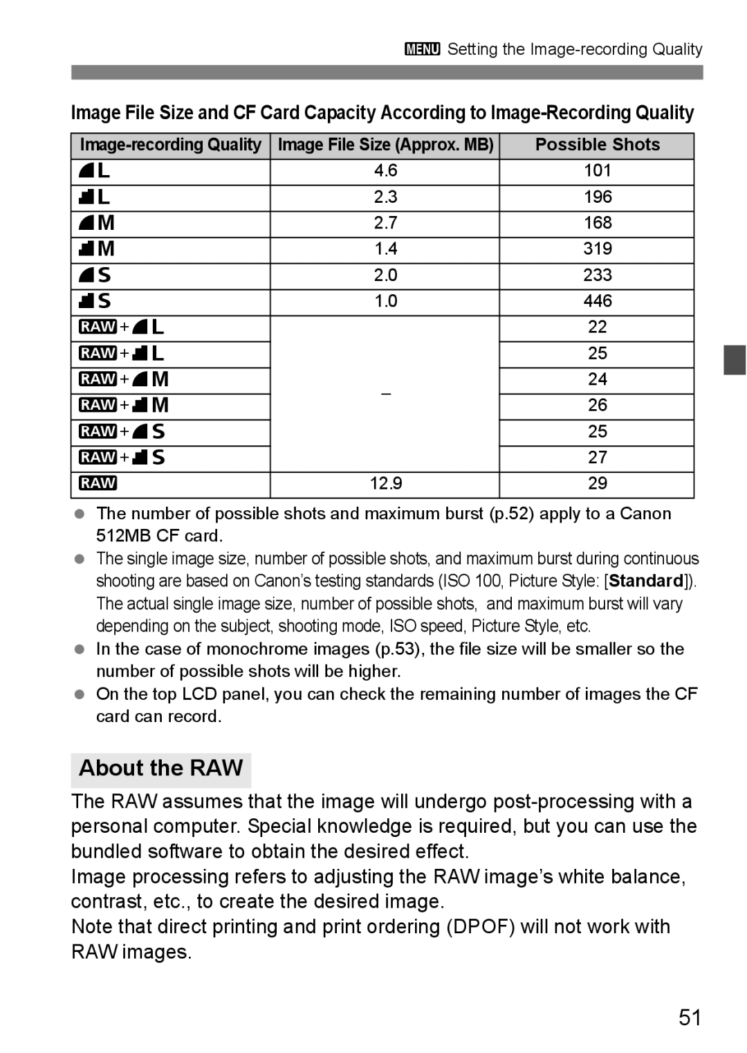 Canon EOS 5D instruction manual About the RAW, Possible Shots, +73 +83 +74 +84 +76 +86 