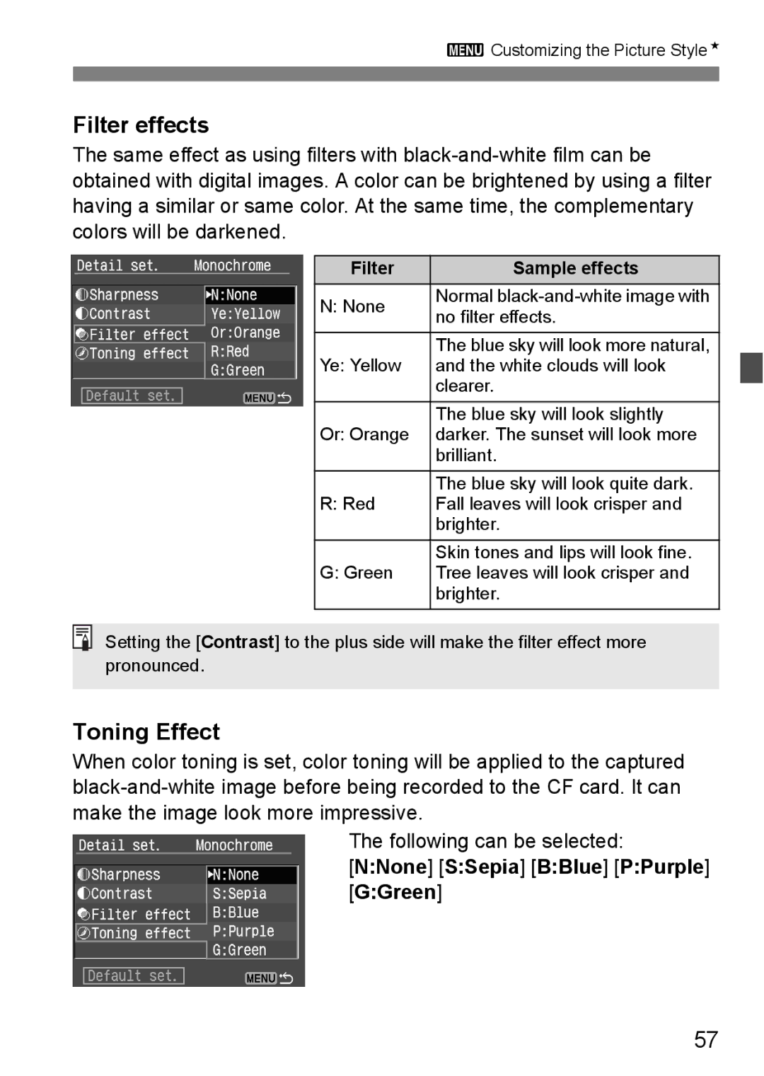 Canon EOS 5D instruction manual Filter effects, Toning Effect, NNone SSepia BBlue PPurple GGreen, Filter Sample effects 