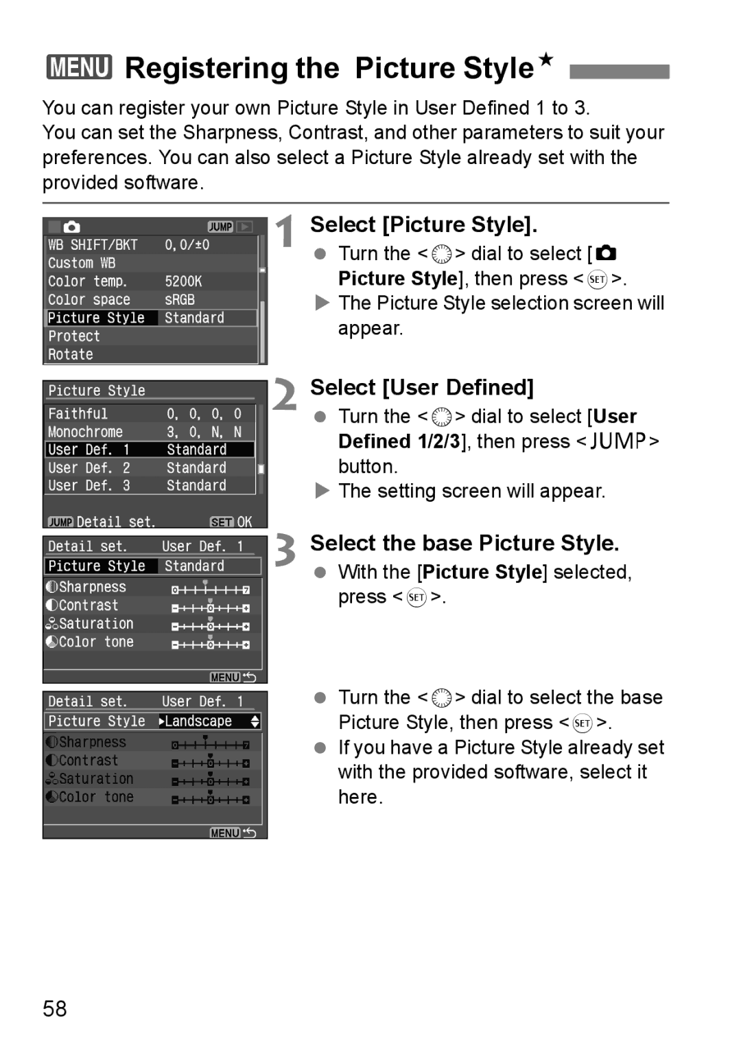 Canon EOS 5D instruction manual 3Registering the Picture StyleN, Select User Defined, Select the base Picture Style 