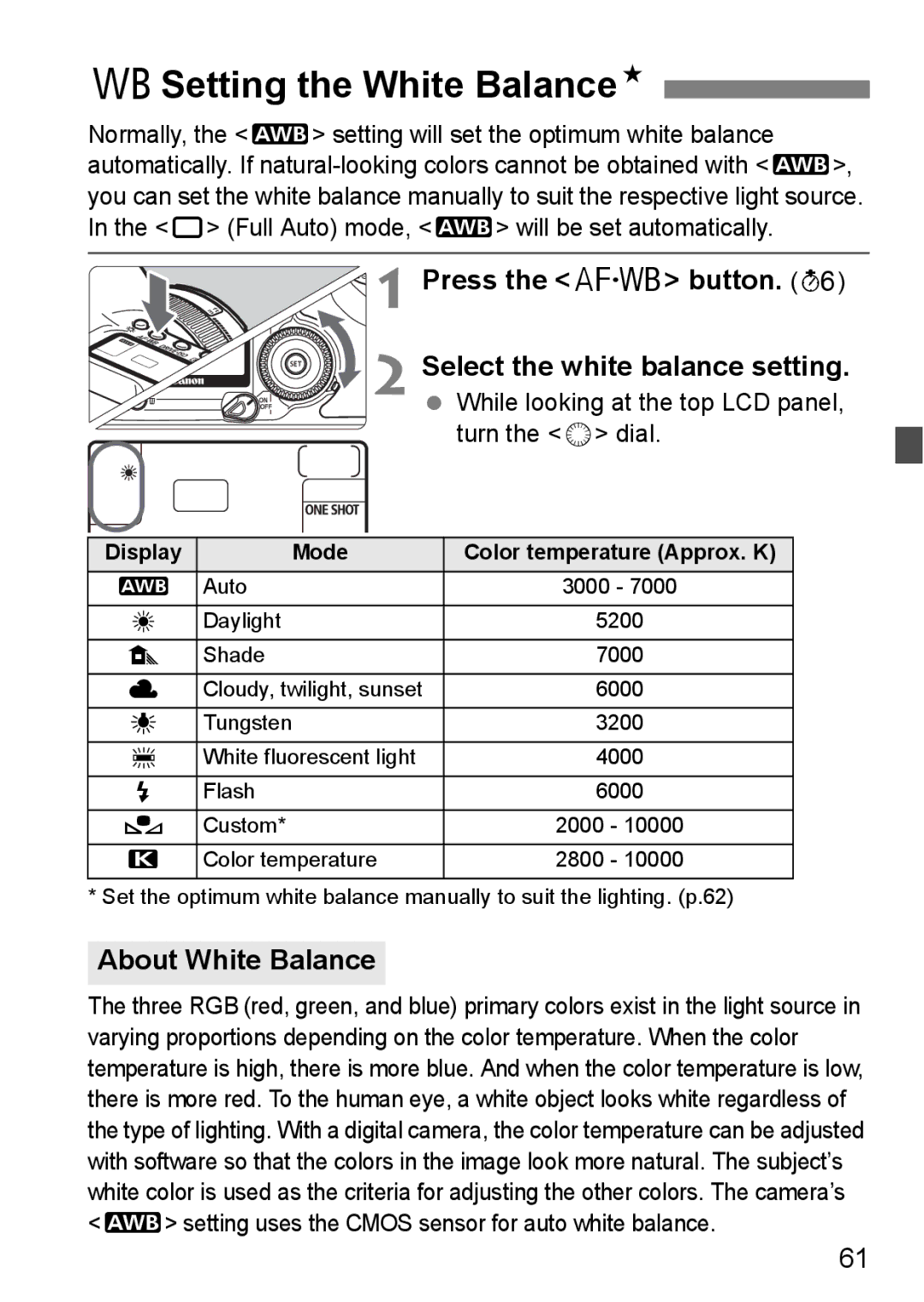 Canon EOS 5D BSetting the White BalanceN, Press the E button Select the white balance setting, About White Balance 