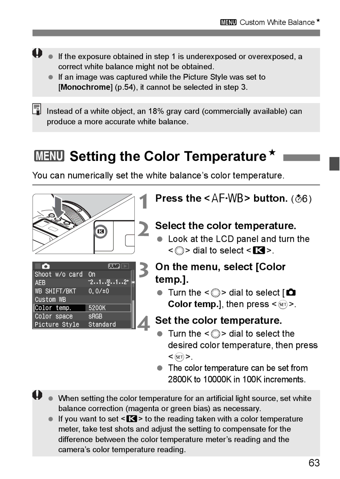 Canon EOS 5D instruction manual 3Setting the Color TemperatureN, Press the E button, On the menu, select Color temp 