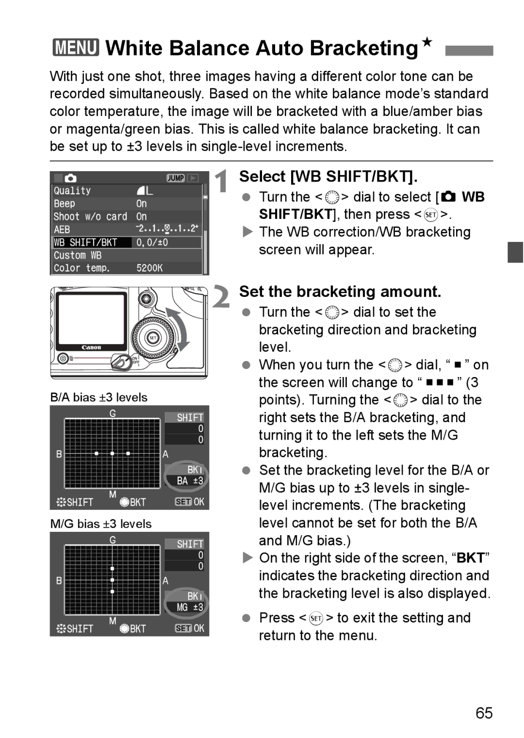 Canon EOS 5D instruction manual 3White Balance Auto BracketingN, Set the bracketing amount 