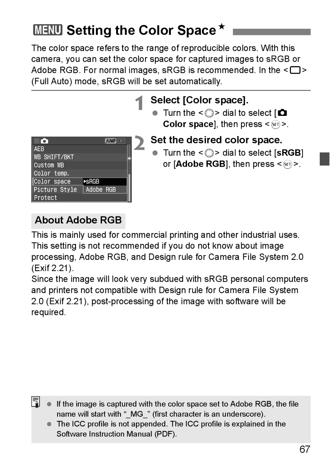 Canon EOS 5D instruction manual 3Setting the Color SpaceN, Select Color space, Set the desired color space, About Adobe RGB 