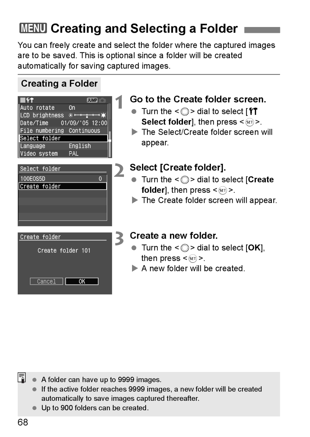 Canon EOS 5D 3Creating and Selecting a Folder, Creating a Folder Go to the Create folder screen, Select Create folder 