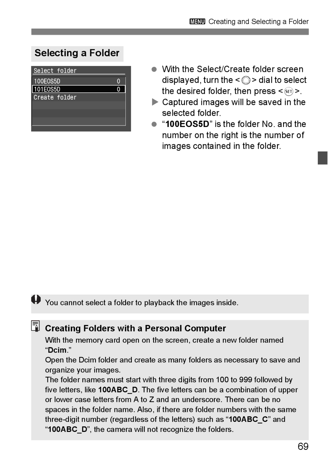 Canon EOS 5D instruction manual Selecting a Folder, Creating Folders with a Personal Computer 