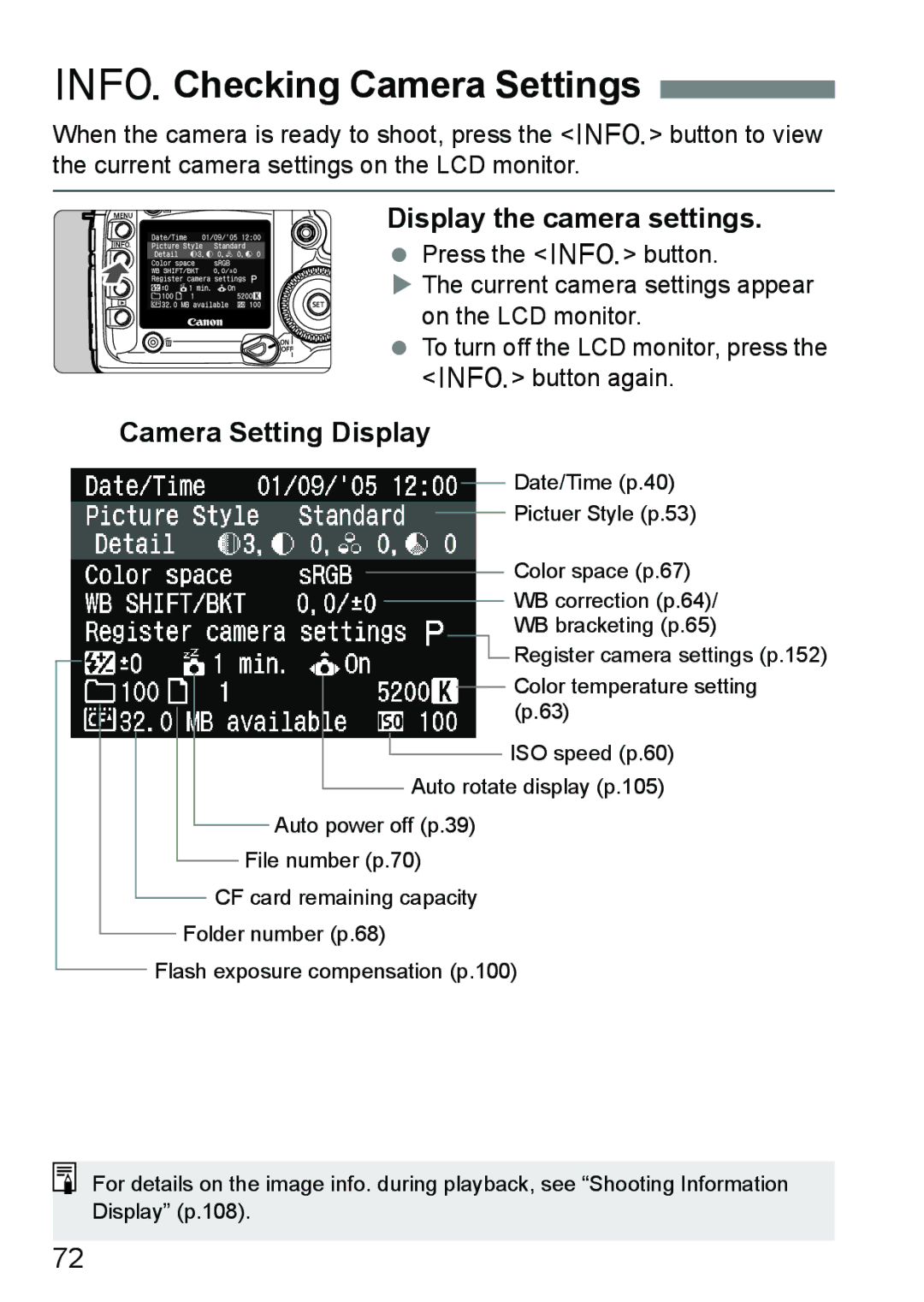 Canon EOS 5D instruction manual BChecking Camera Settings, Display the camera settings, Camera Setting Display 